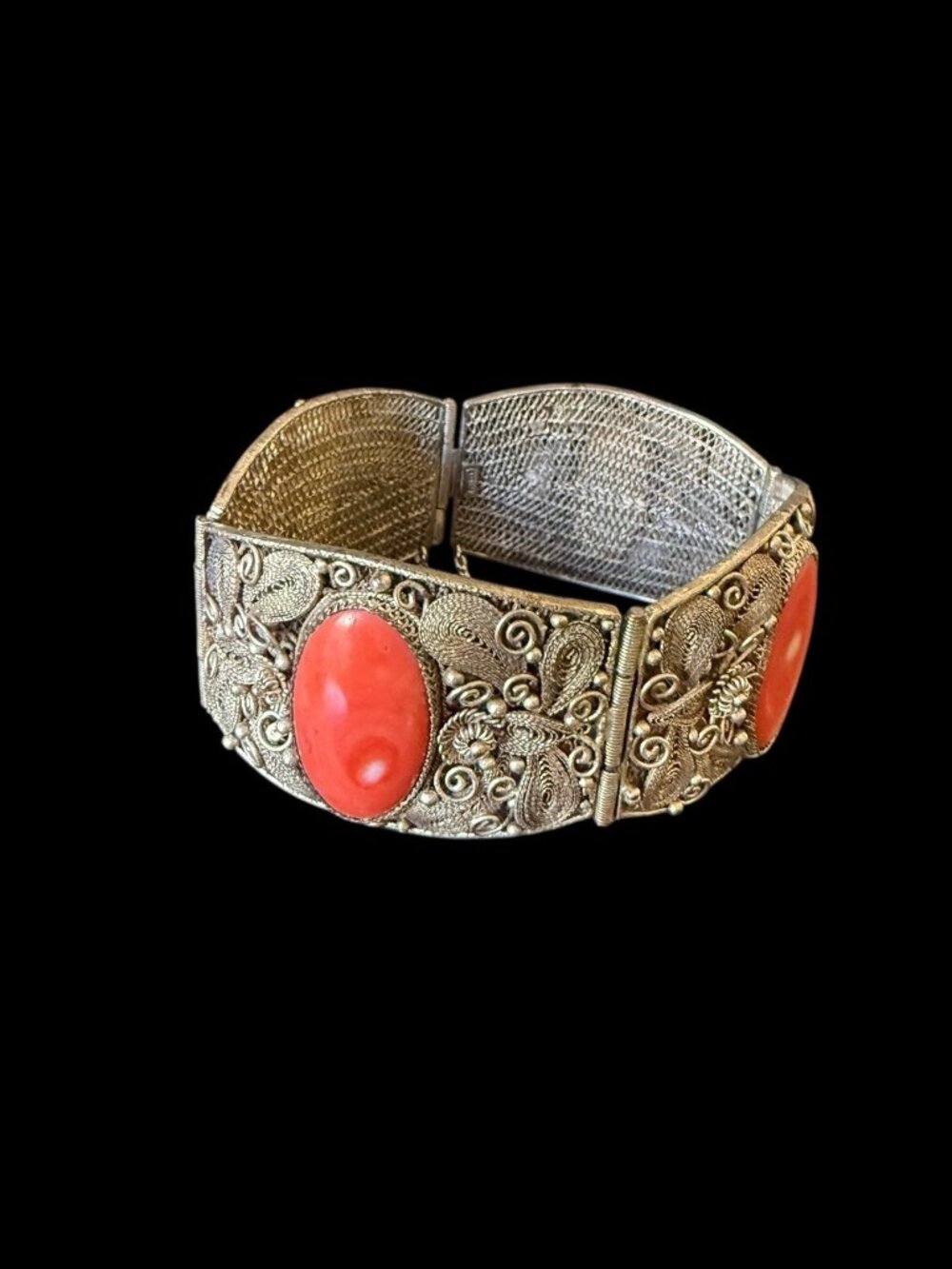 Chinese Export CHINA Silver Sterling Gilt Coral Filigree Antique Bracelet Floral
